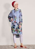 Tesettür giyim MAVİ T 40016 H Fashion-Fermuar Detaylı Çiçekli Tunik