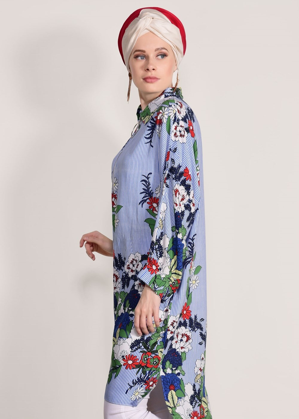 Tesettür giyim MAVİ T 40016 H Fashion-Fermuar Detaylı Çiçekli Tunik