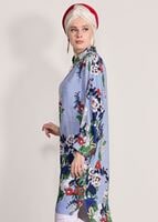 Tesettür giyim MAVİ T 40016 H Fashion-Fermuar Detaylı Çiçekli Tunik
