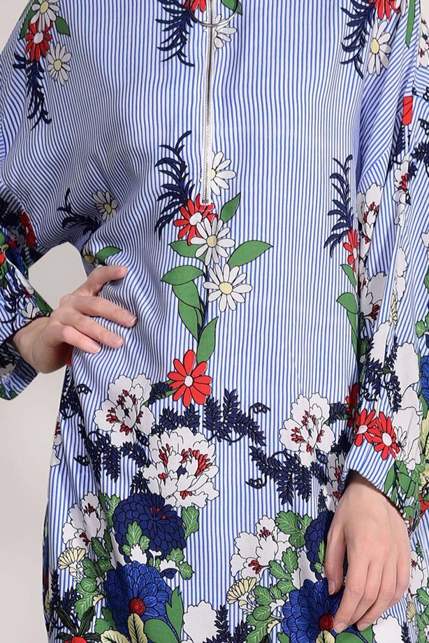 Tesettür giyim  T 40016 H Fashion-Fermuar Detaylı Çiçekli Tunik - TRENDTESETTÜR