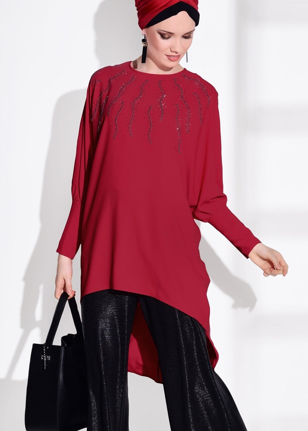 Tesettür giyim KIRMIZI T 41461 İkoll- Taş İşlemeli Tunik