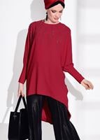 Tesettür giyim KIRMIZI T 41461 İkoll- Taş İşlemeli Tunik