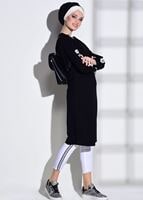 Tesettür giyim SİYAH T 42861 İkoll-Arma Detaylı Uzun Tunik