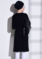 Tesettür giyim SİYAH T 42861 İkoll-Arma Detaylı Uzun Tunik