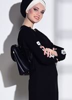 Tesettür giyim SİYAH T 42861 İkoll-Arma Detaylı Uzun Tunik