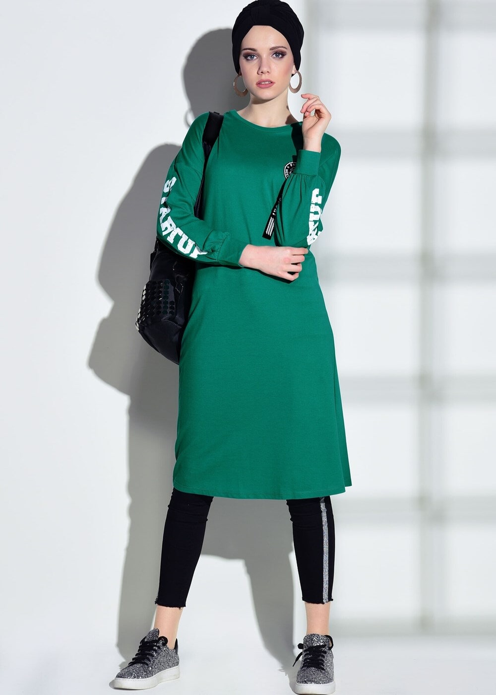 Tesettür giyim YEŞİL T 42861 İkoll-Arma Detaylı Uzun Tunik