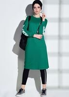 Tesettür giyim YEŞİL T 42861 İkoll-Arma Detaylı Uzun Tunik