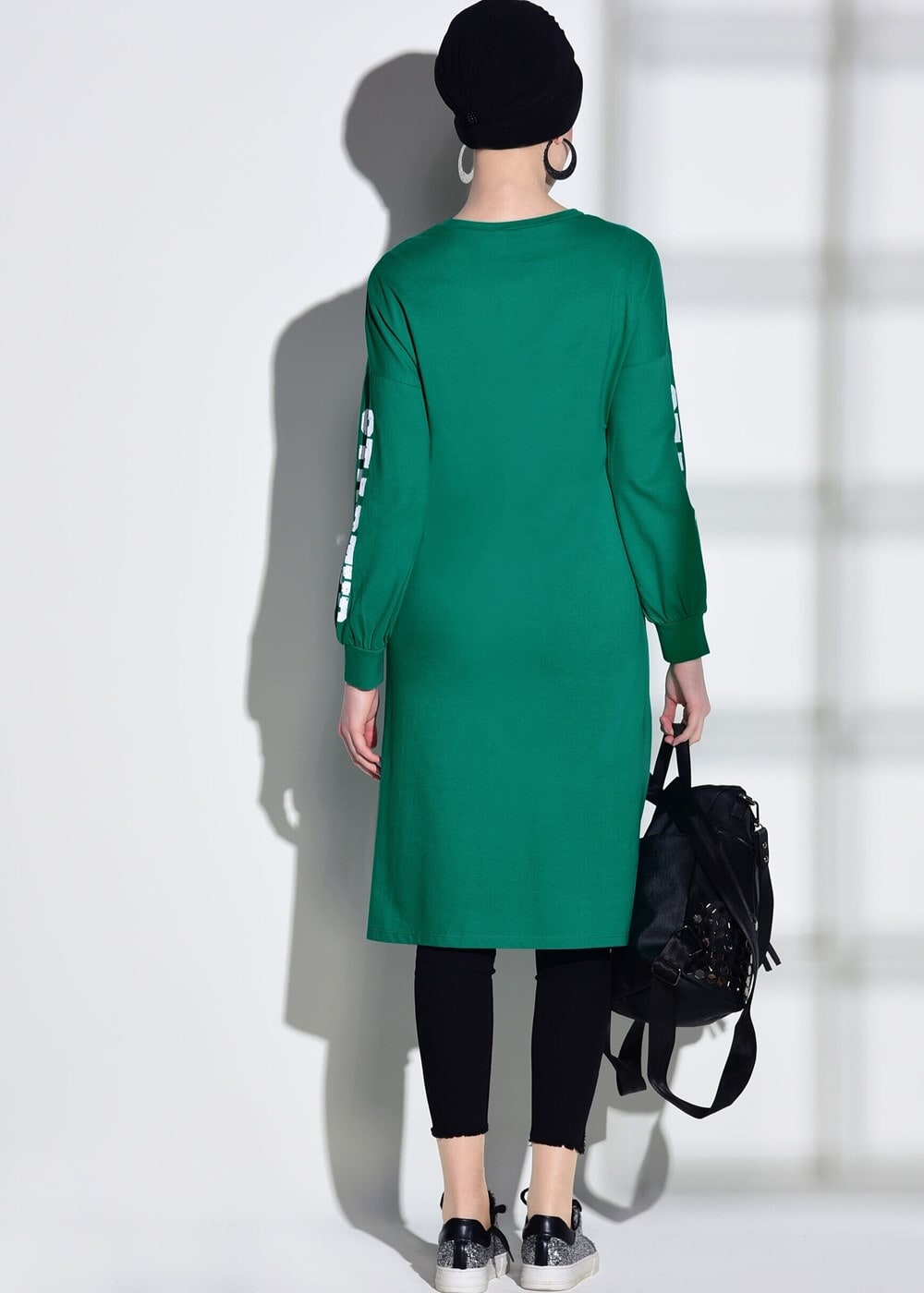 Tesettür giyim YEŞİL T 42861 İkoll-Arma Detaylı Uzun Tunik