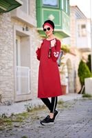 Tesettür giyim KIRMIZI T 42861 İkoll-Arma Detaylı Uzun Tunik