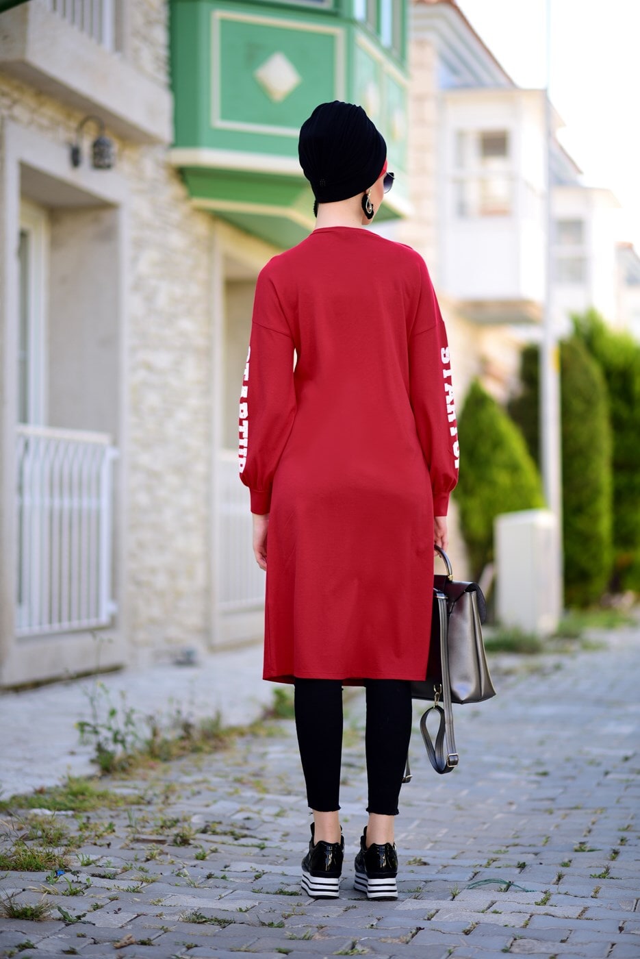 Tesettür giyim KIRMIZI T 42861 İkoll-Arma Detaylı Uzun Tunik