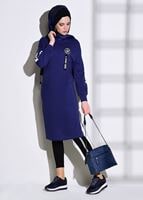 Tesettür giyim LACİVERT T 42861 İkoll-Arma Detaylı Uzun Tunik