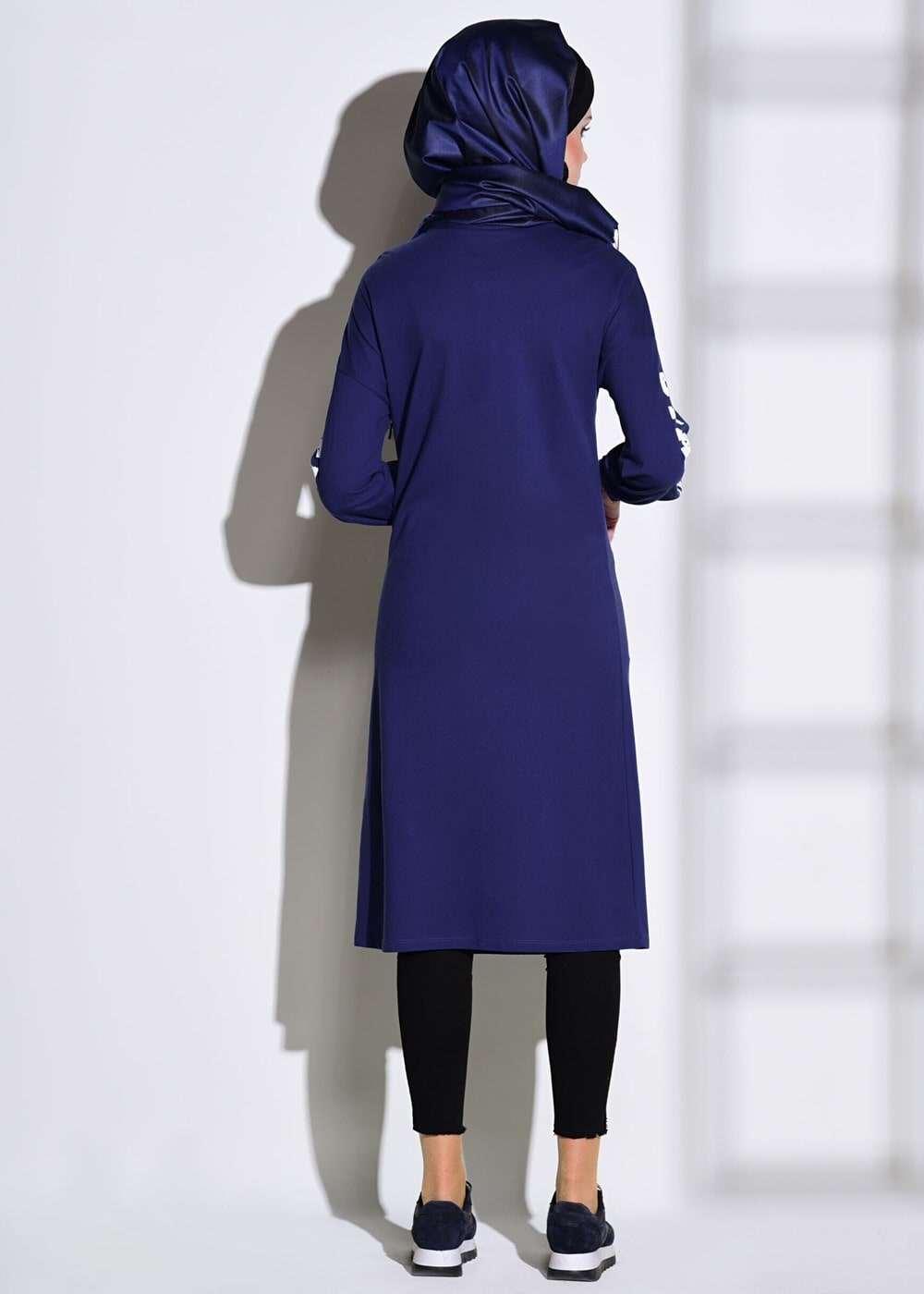 Tesettür giyim LACİVERT T 42861 İkoll-Arma Detaylı Uzun Tunik