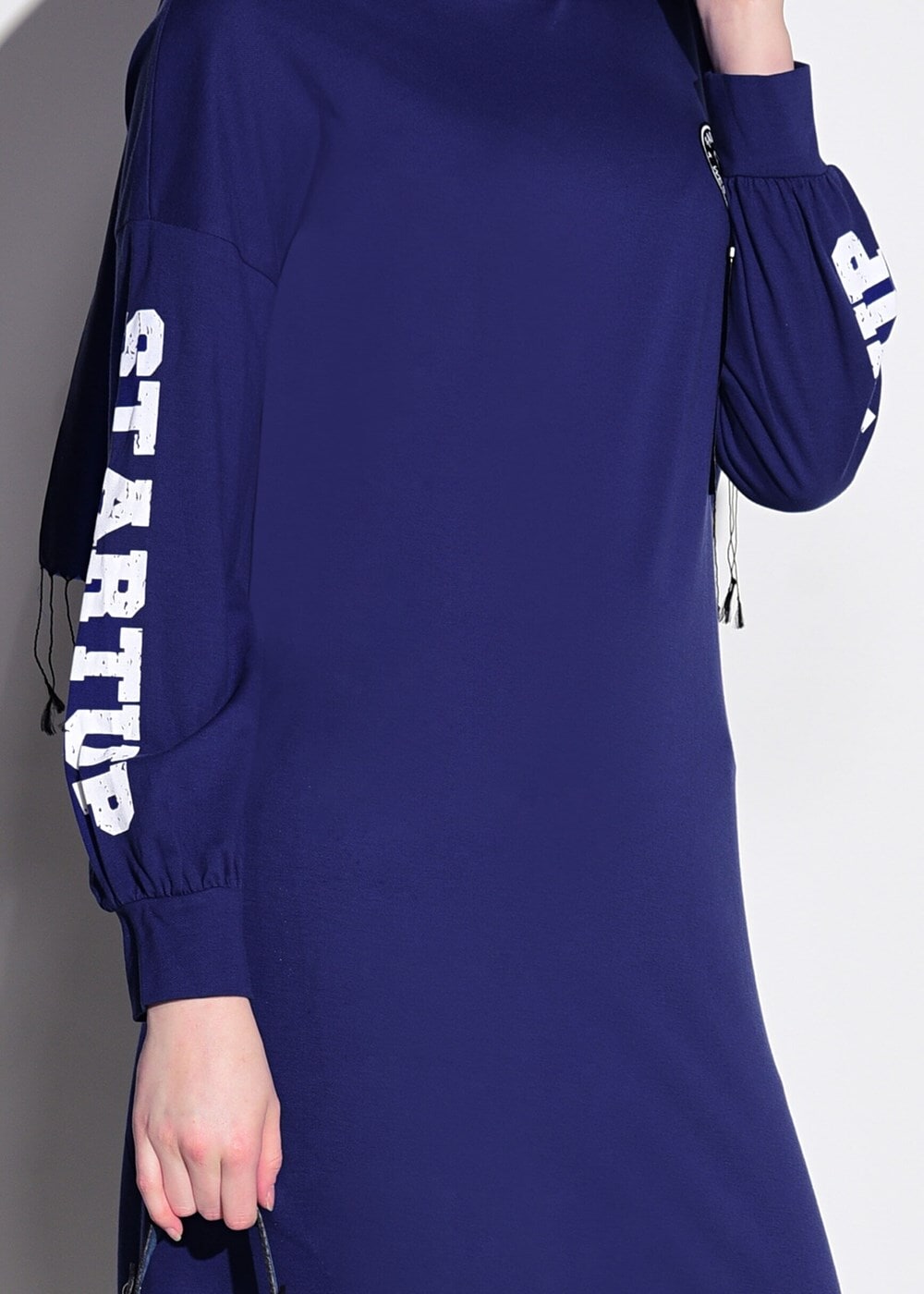 Tesettür giyim LACİVERT T 42861 İkoll-Arma Detaylı Uzun Tunik