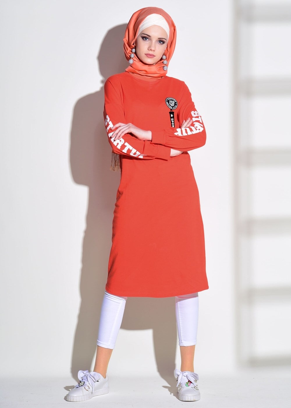 Tesettür giyim TURUNCU T 42861 İkoll-Arma Detaylı Uzun Tunik