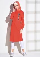 Tesettür giyim TURUNCU T 42861 İkoll-Arma Detaylı Uzun Tunik
