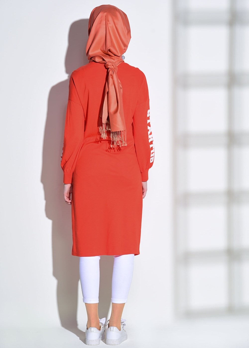 Tesettür giyim TURUNCU T 42861 İkoll-Arma Detaylı Uzun Tunik