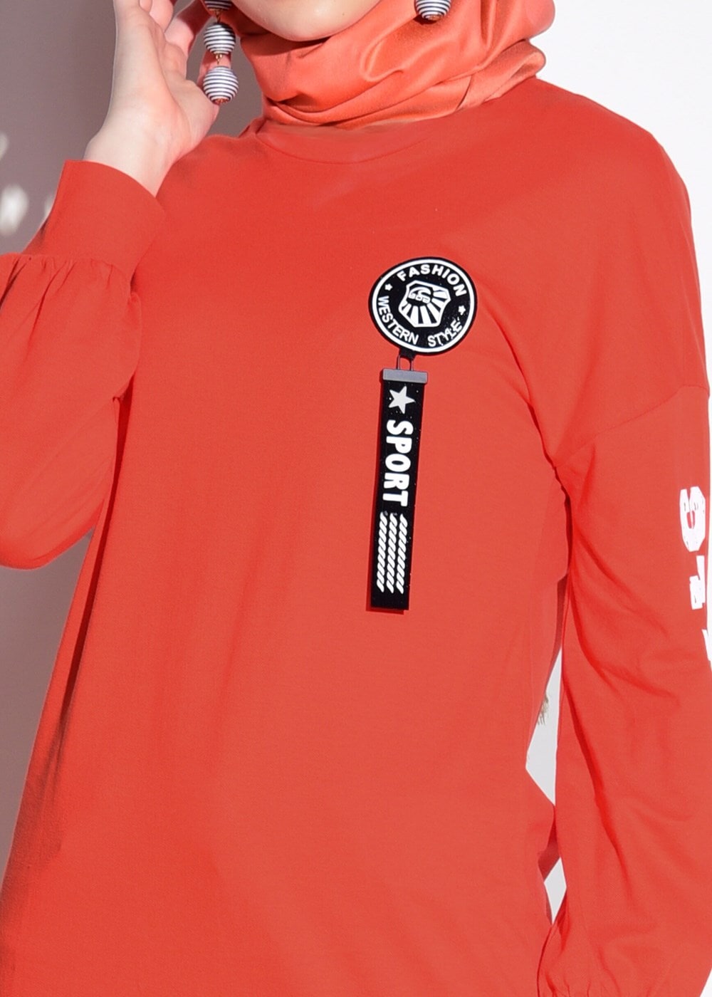 Tesettür giyim TURUNCU T 42861 İkoll-Arma Detaylı Uzun Tunik