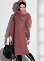 Tesettür giyim PEMBE T 42861 İkoll-Arma Detaylı Uzun Tunik