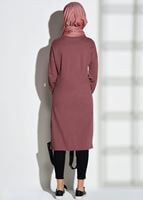Tesettür giyim PEMBE T 42861 İkoll-Arma Detaylı Uzun Tunik