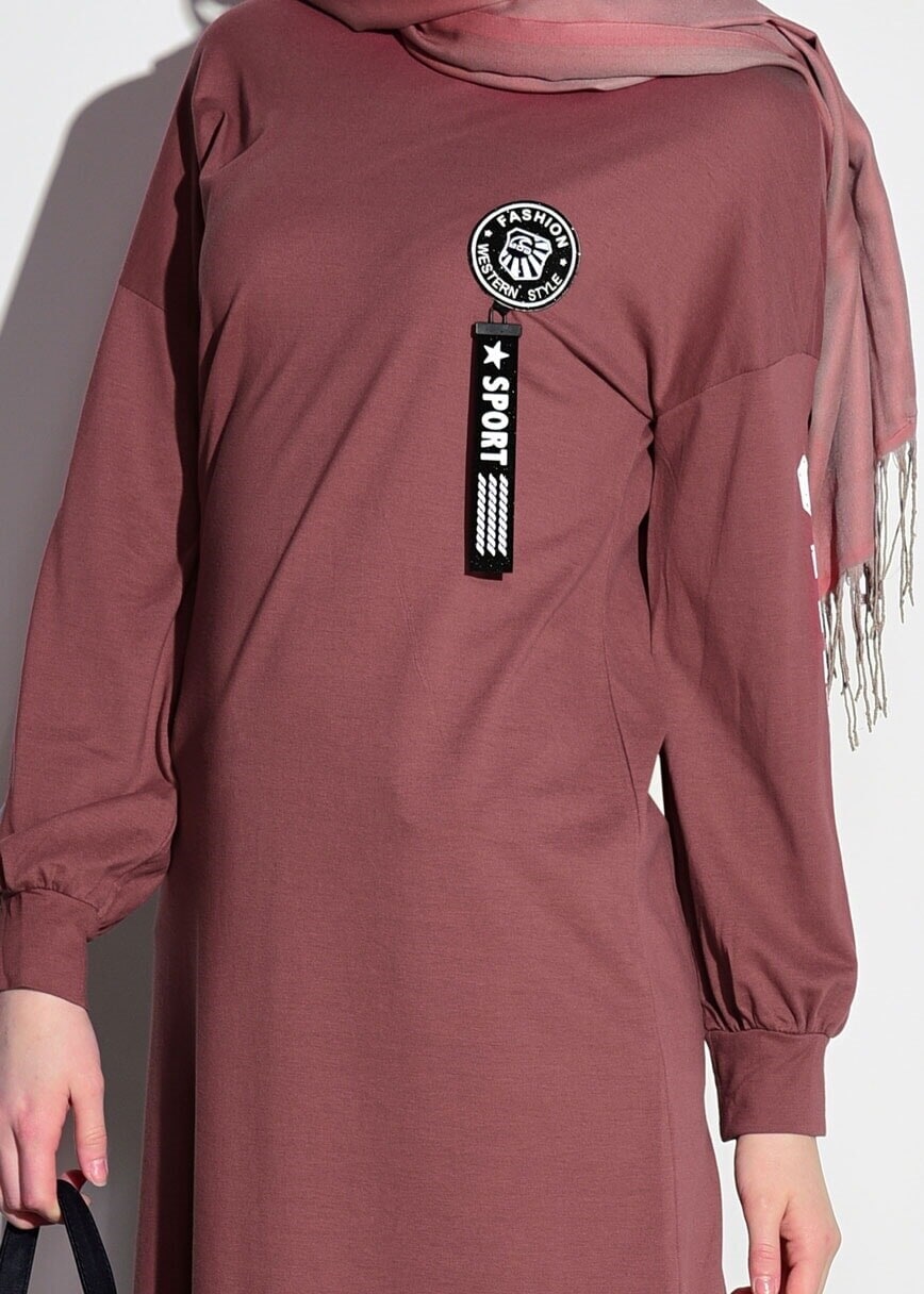 Tesettür giyim PEMBE T 42861 İkoll-Arma Detaylı Uzun Tunik