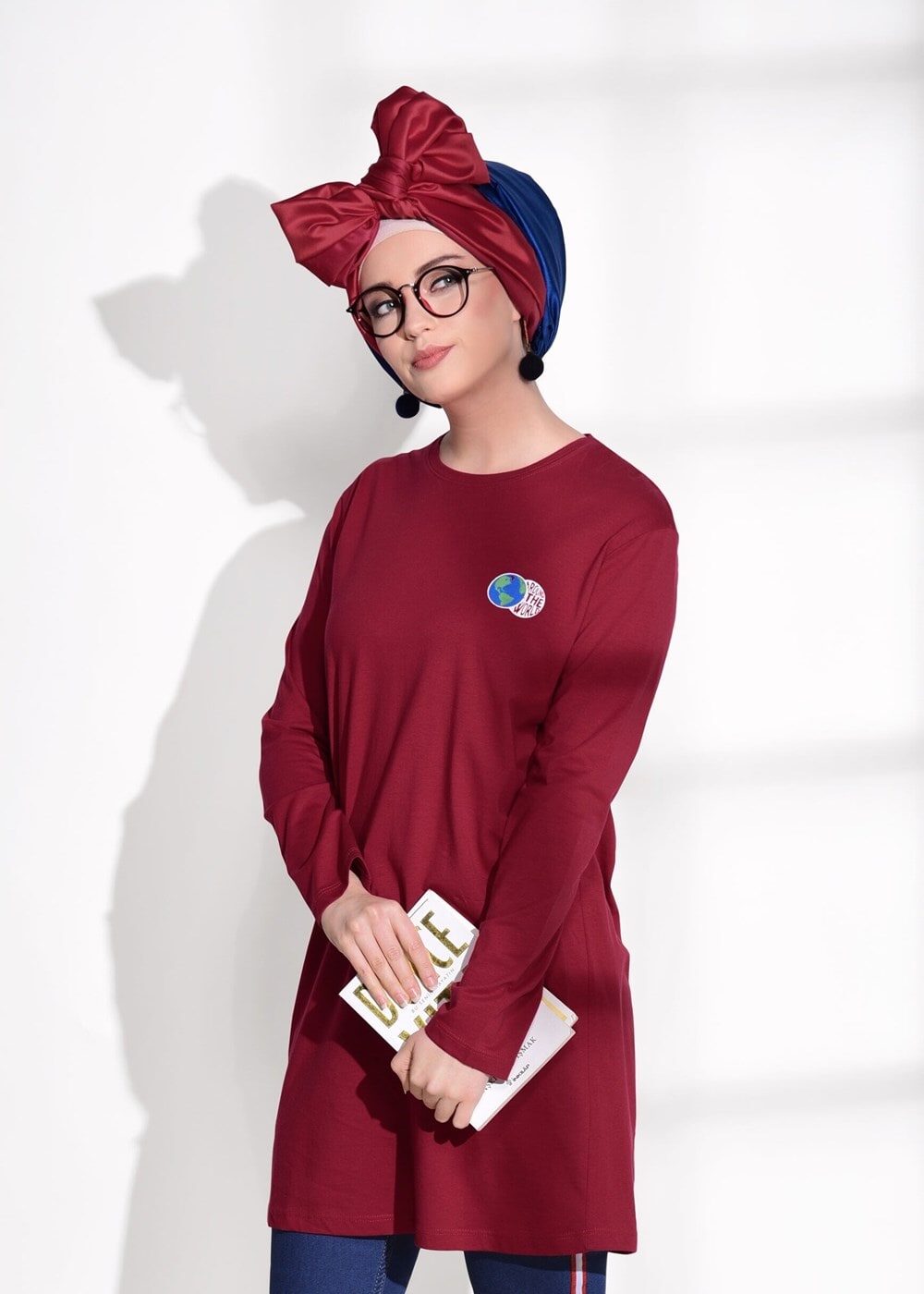 Tesettür giyim KIRMIZI BASKI DETAYLI PENYE TUNİK 43515 