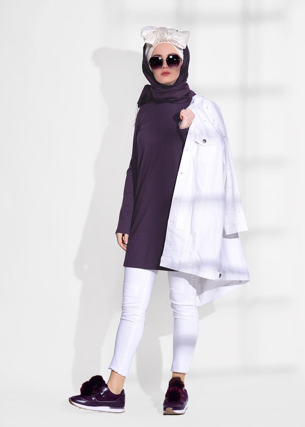 Tesettür giyim MOR BASKI DETAYLI PENYE TUNİK 43515 