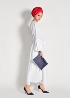 Tesettür giyim EKRU İNCİ DETAYLI BELİ KUŞAKLI TUNİK 48071