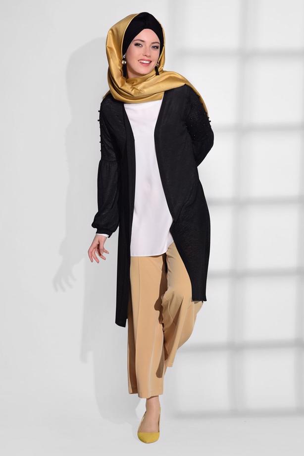 Tesettür giyim  T 52081 Lafaba- Boncuk İşlemeli İnce Penye Hırka - TRENDTESETTÜR