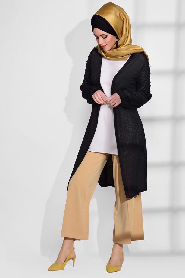 Tesettür giyim  T 52081 Lafaba- Boncuk İşlemeli İnce Penye Hırka - TRENDTESETTÜR