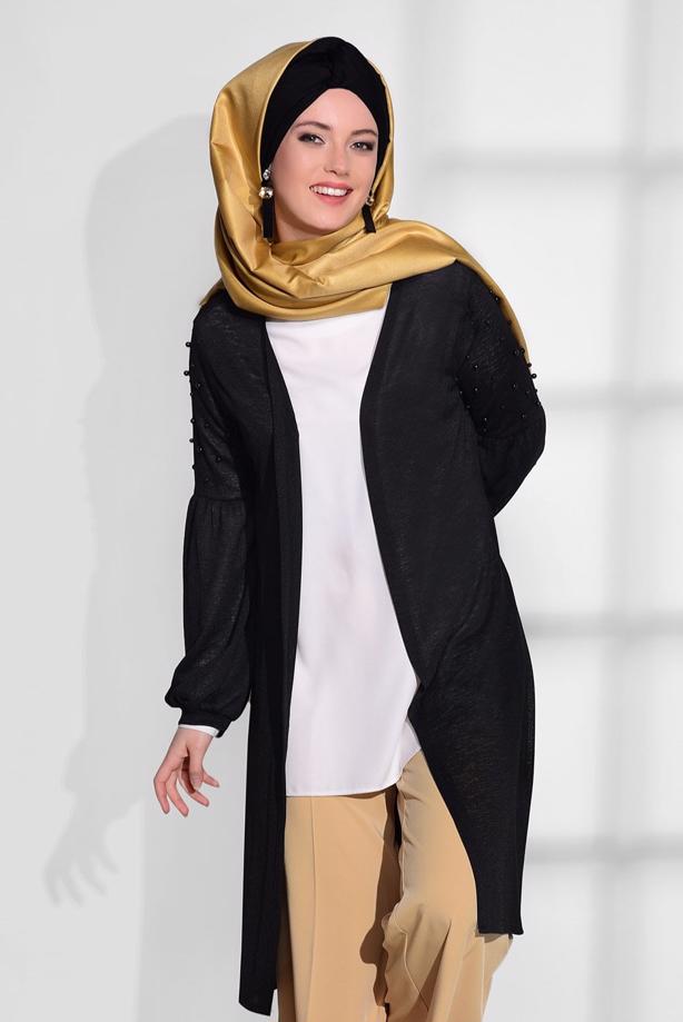 Tesettür giyim  T 52081 Lafaba- Boncuk İşlemeli İnce Penye Hırka - TRENDTESETTÜR