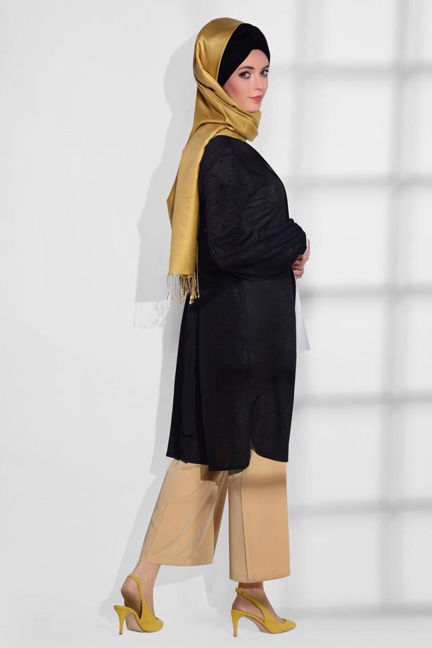 Tesettür giyim  T 52081 Lafaba- Boncuk İşlemeli İnce Penye Hırka - TRENDTESETTÜR