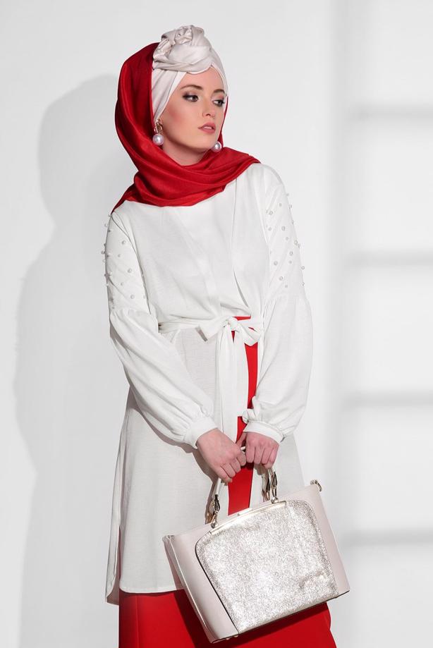 Tesettür giyim  T 52081 Lafaba- Boncuk İşlemeli İnce Penye Hırka - TRENDTESETTÜR