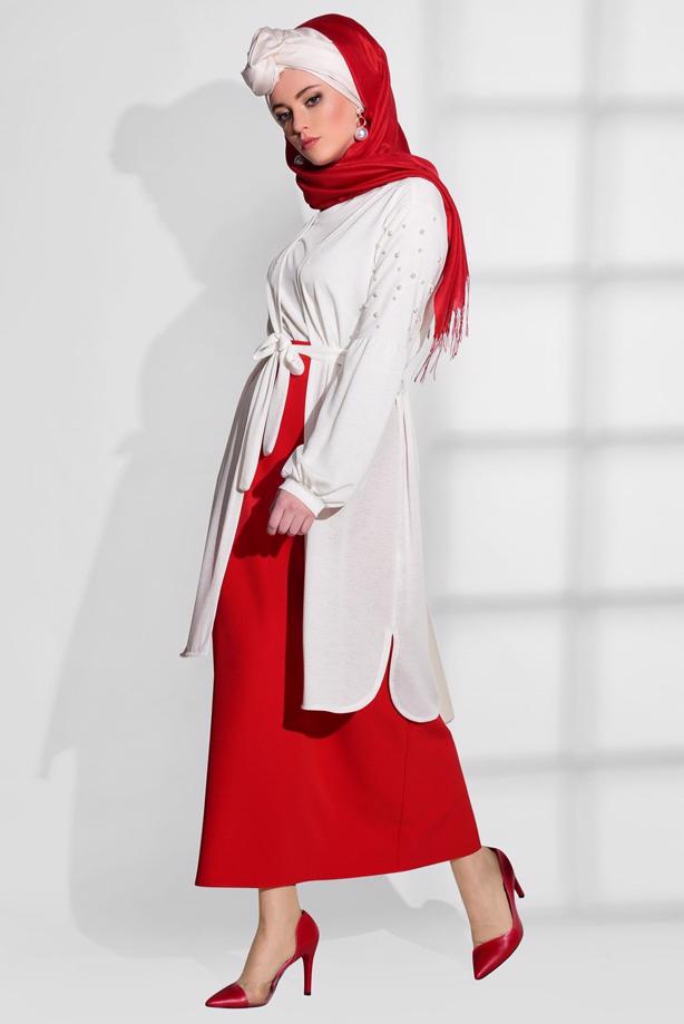 Tesettür giyim  T 52081 Lafaba- Boncuk İşlemeli İnce Penye Hırka - TRENDTESETTÜR