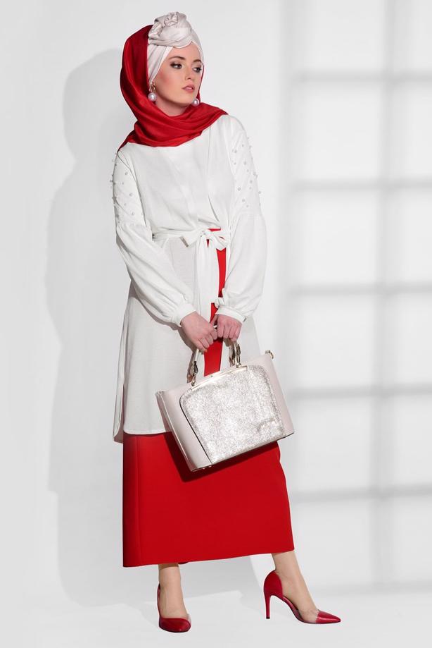 Tesettür giyim  T 52081 Lafaba- Boncuk İşlemeli İnce Penye Hırka - TRENDTESETTÜR