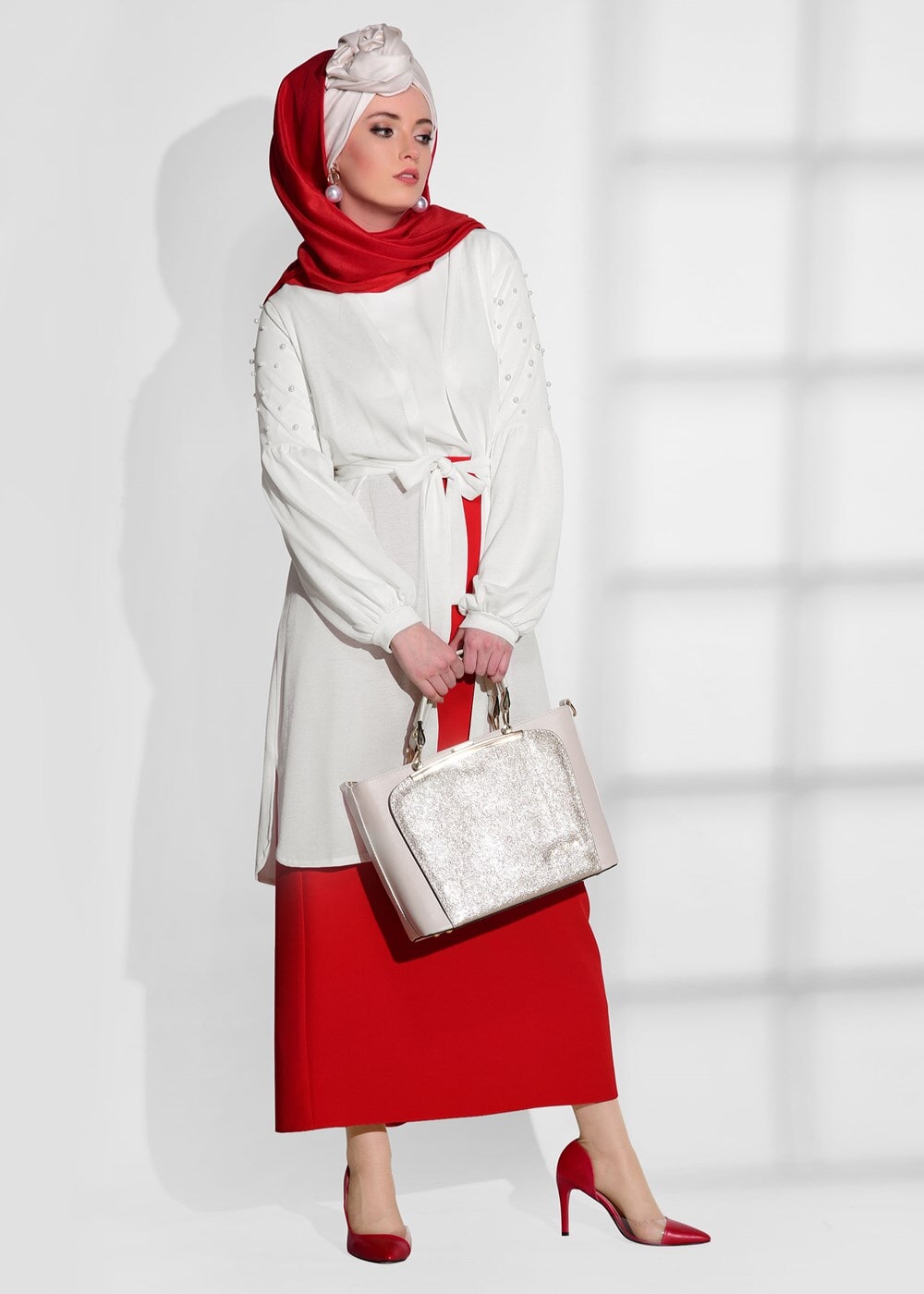 Tesettür giyim EKRU T 52081 Lafaba- Boncuk İşlemeli İnce Penye Hırka