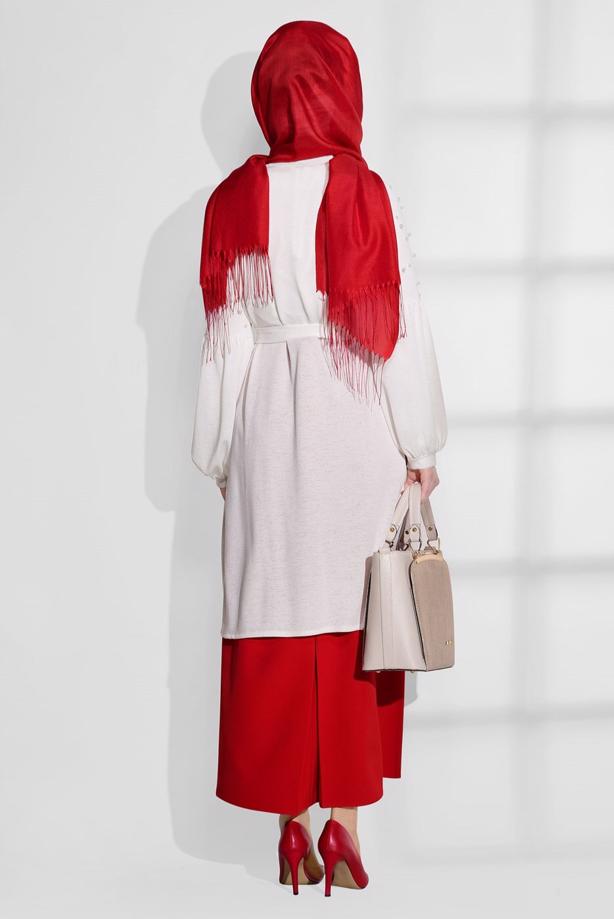 Tesettür giyim  T 52081 Lafaba- Boncuk İşlemeli İnce Penye Hırka - TRENDTESETTÜR