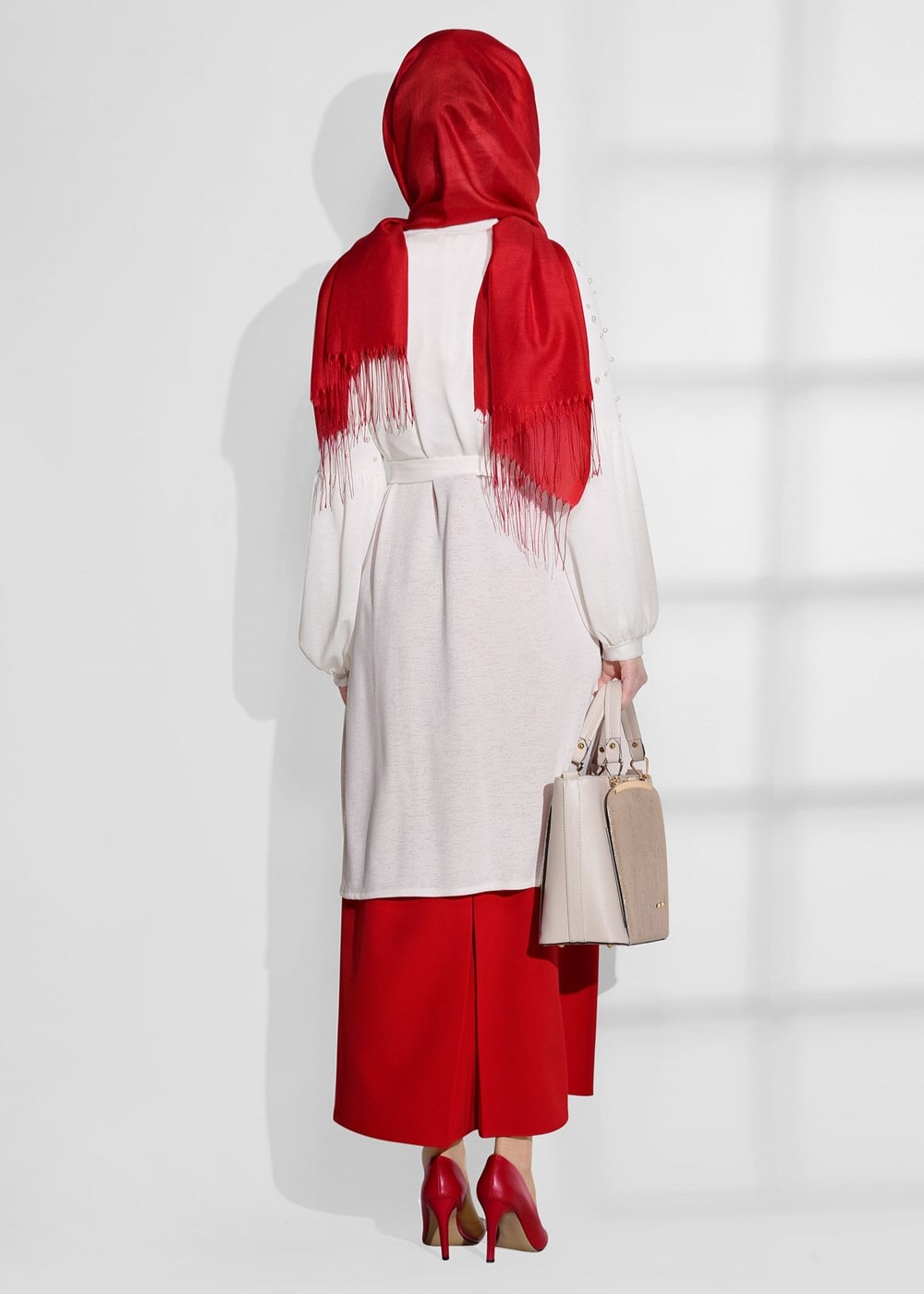 Tesettür giyim EKRU T 52081 Lafaba- Boncuk İşlemeli İnce Penye Hırka