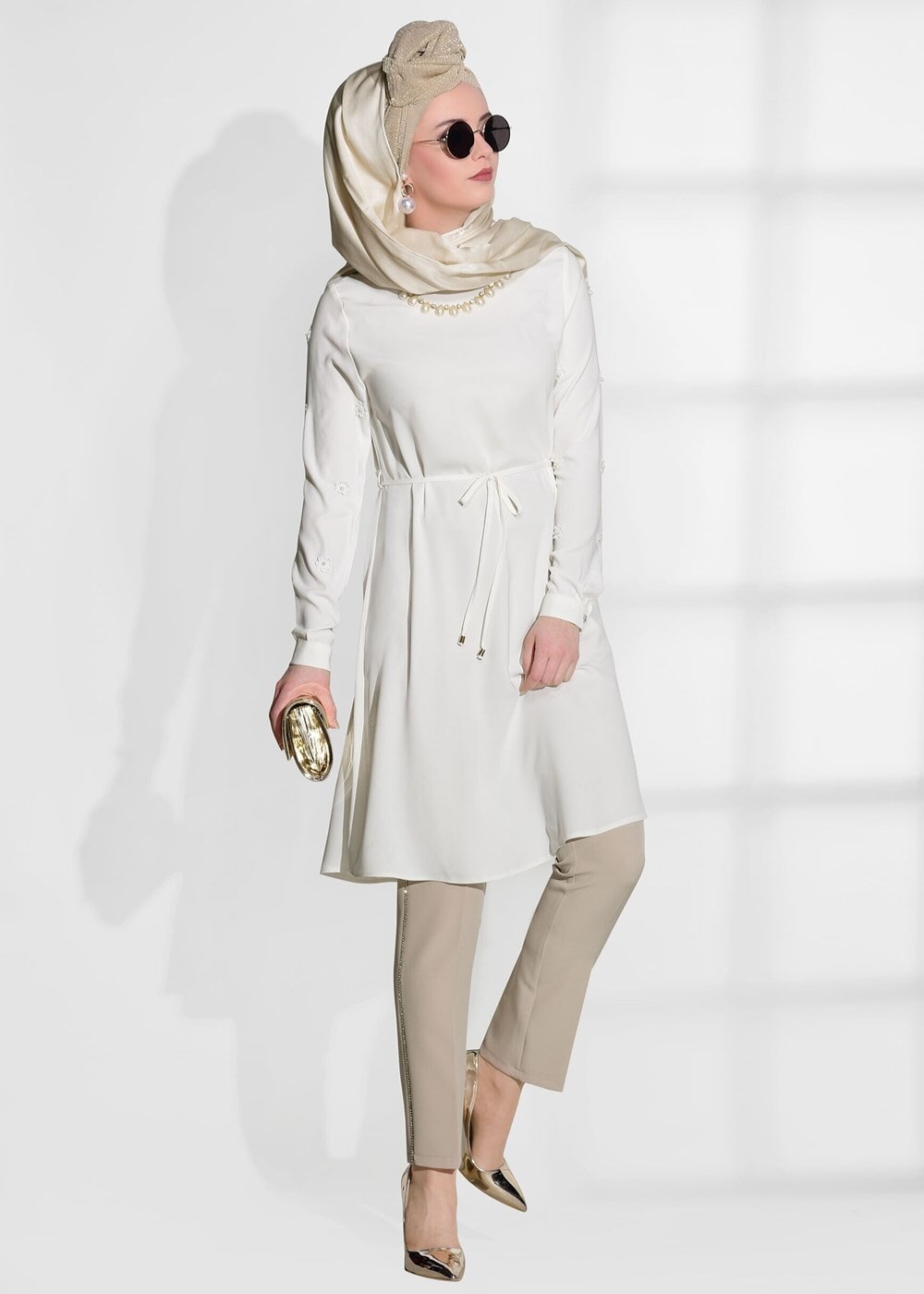 Tesettür giyim KREM T 52781 Elegance- Güpür Detaylı Tunik
