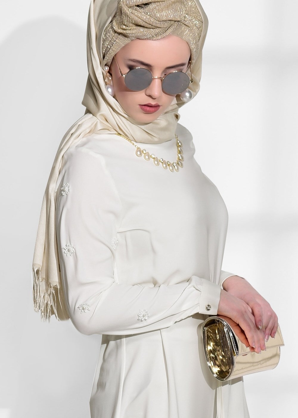 Tesettür giyim KREM T 52781 Elegance- Güpür Detaylı Tunik