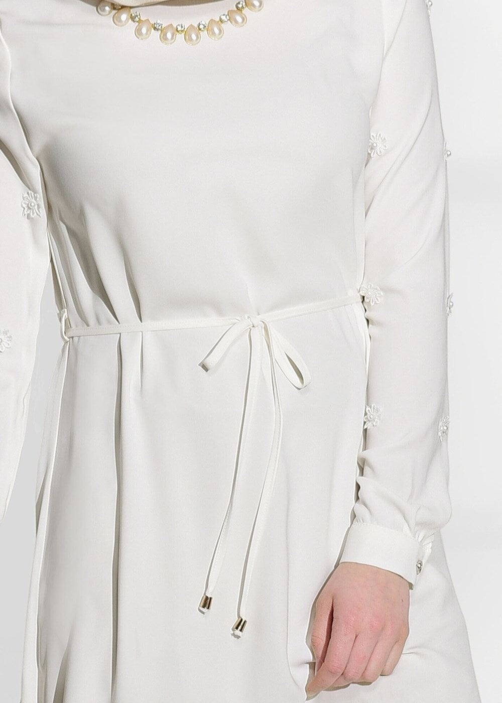 Tesettür giyim KREM T 52781 Elegance- Güpür Detaylı Tunik