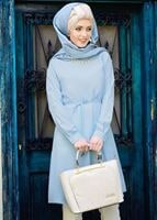 Tesettür giyim MAVİ T 52781 Elegance- Güpür Detaylı Tunik