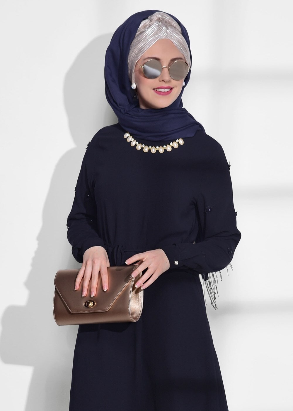 Tesettür giyim LACİVERT T 52781 Elegance- Güpür Detaylı Tunik