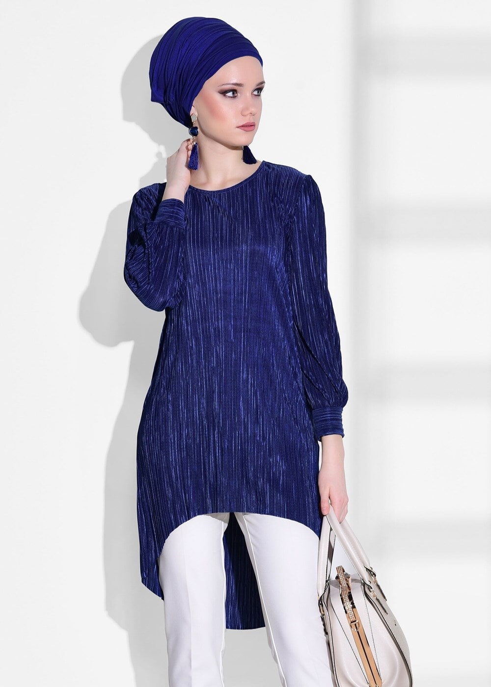 Tesettür giyim LACİVERT T 52961 İkoll- Piliseli Tunik