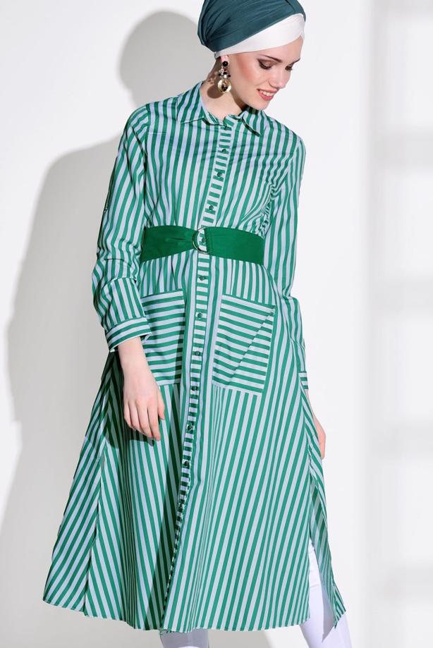 Hijab clothing  STRIPED BELTED LONG TUNIC 55012 - TRENDTESETTÜR