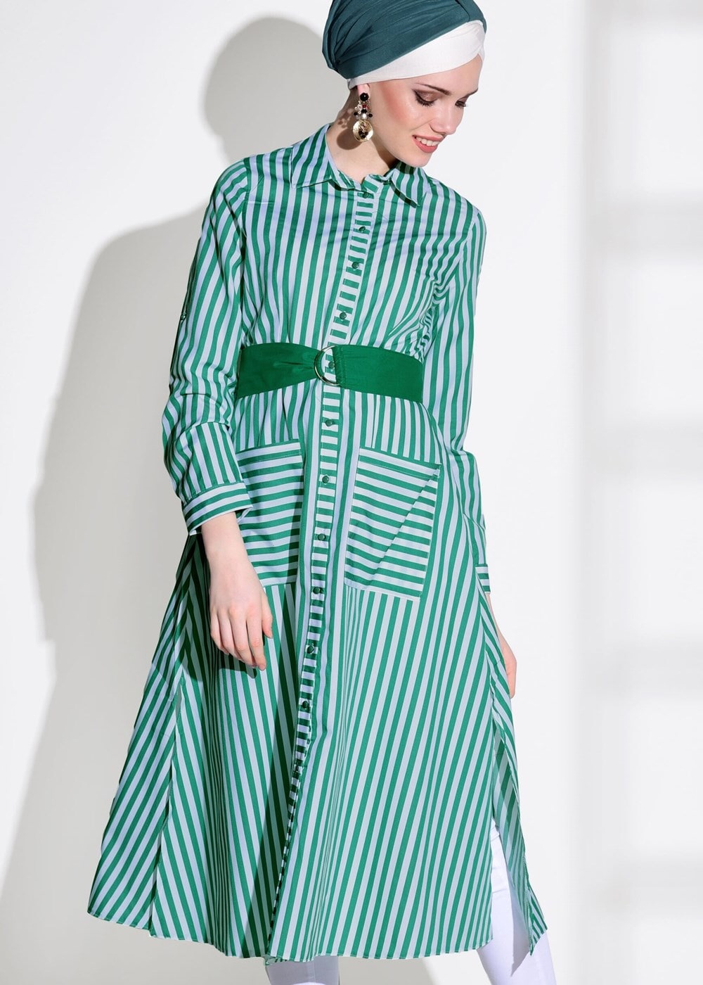 Hijab clothing WHITE STRIPED BELTED LONG TUNIC 55012