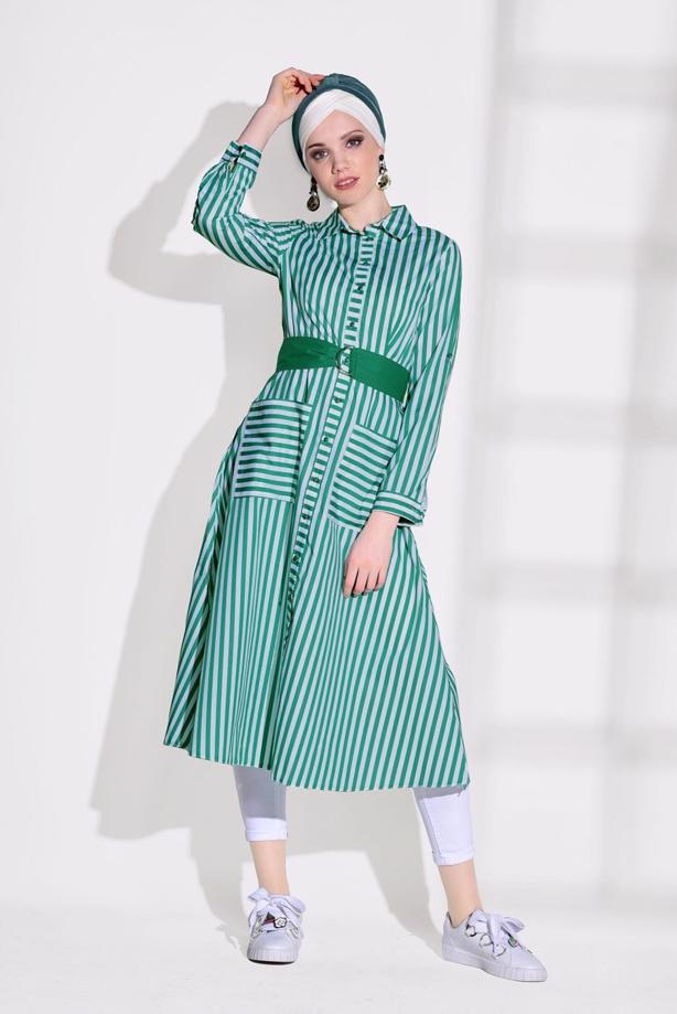 Hijab clothing  STRIPED BELTED LONG TUNIC 55012 - TRENDTESETTÜR