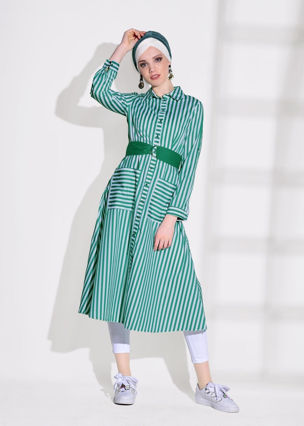 Hijab clothing WHITE STRIPED BELTED LONG TUNIC 55012