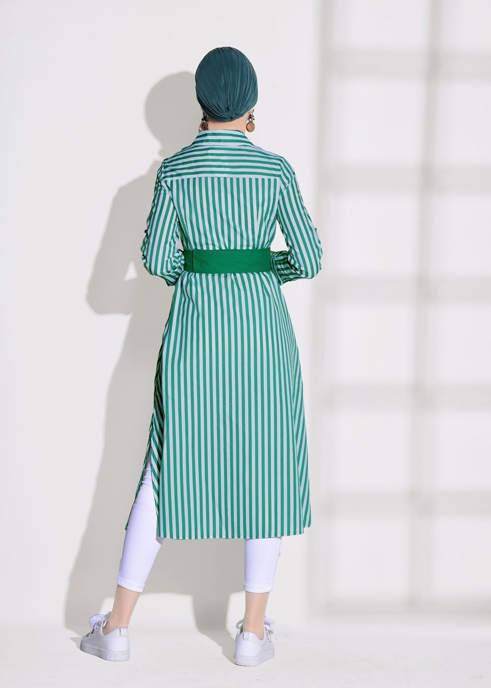 Hijab clothing WHITE STRIPED BELTED LONG TUNIC 55012