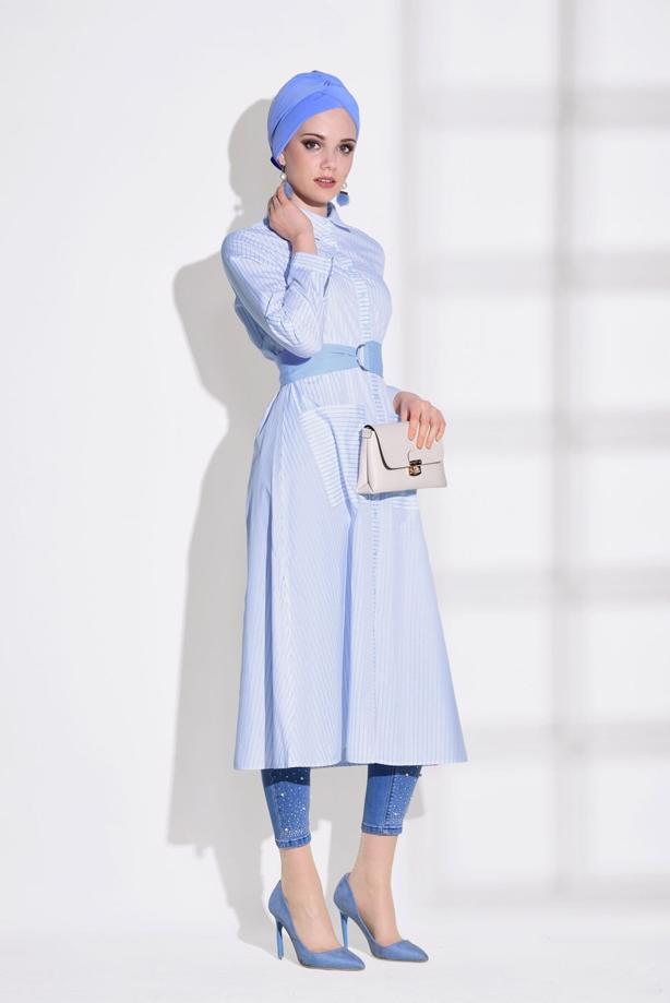 Hijab clothing  STRIPED BELTED LONG TUNIC 55012 - TRENDTESETTÜR