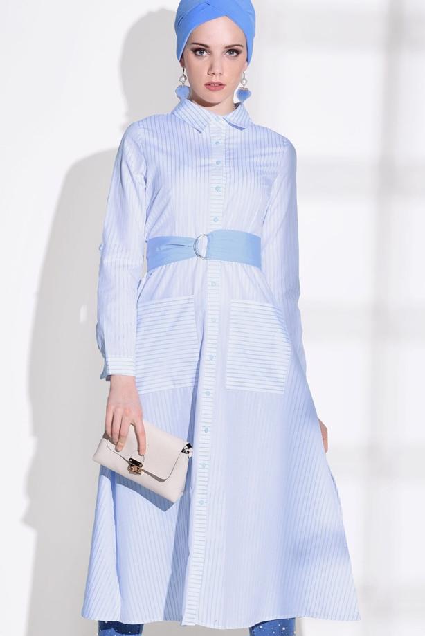 Tesettür giyim  ÇİZGİ DESENLİ KEMERLİ UZUN TUNİK 55012  - TRENDTESETTÜR